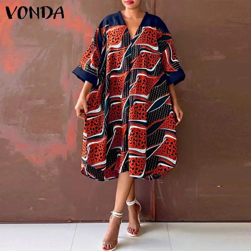 VONDA Oversized Summer Dress 2024 Women V Neck Bohemian Printed Beach Sundress Casual Midi Vestidos 3/4 Sleeve Loose Robe Femme