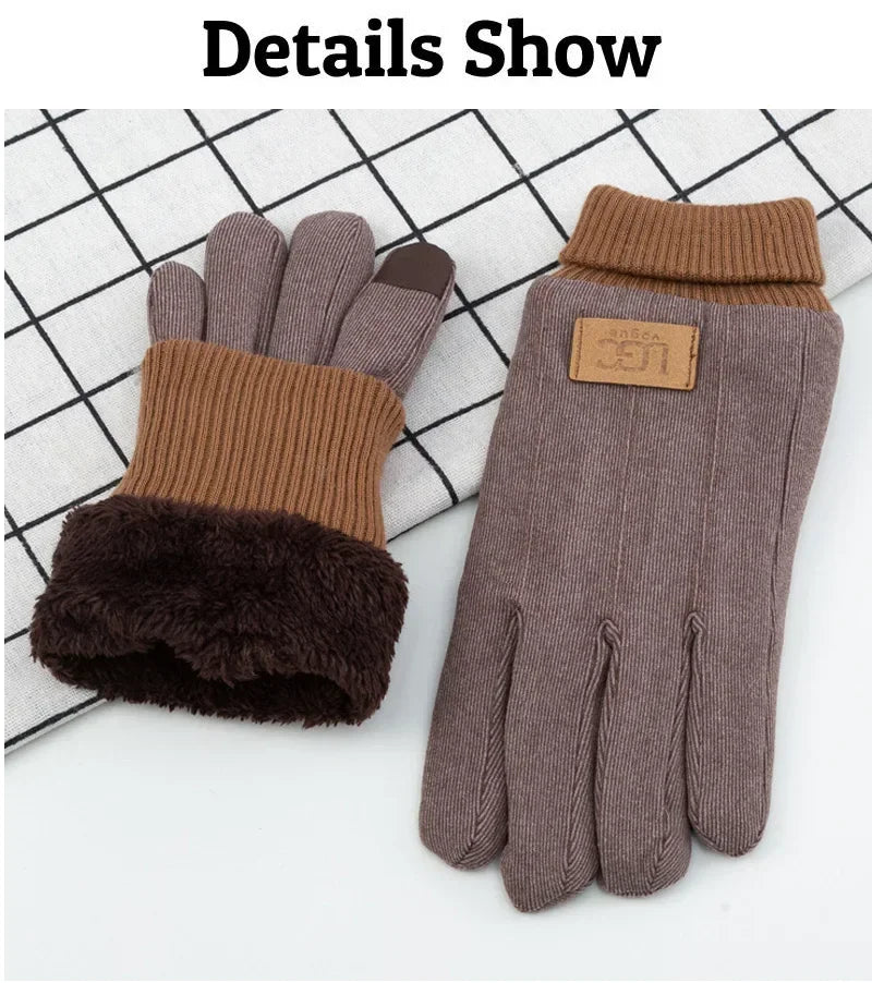 Winter business Men's Warm Gloves Touch Screen Cloth Velvet Windproof Thickened Outdoor Driving Cycling Motorcycle Male Mittens