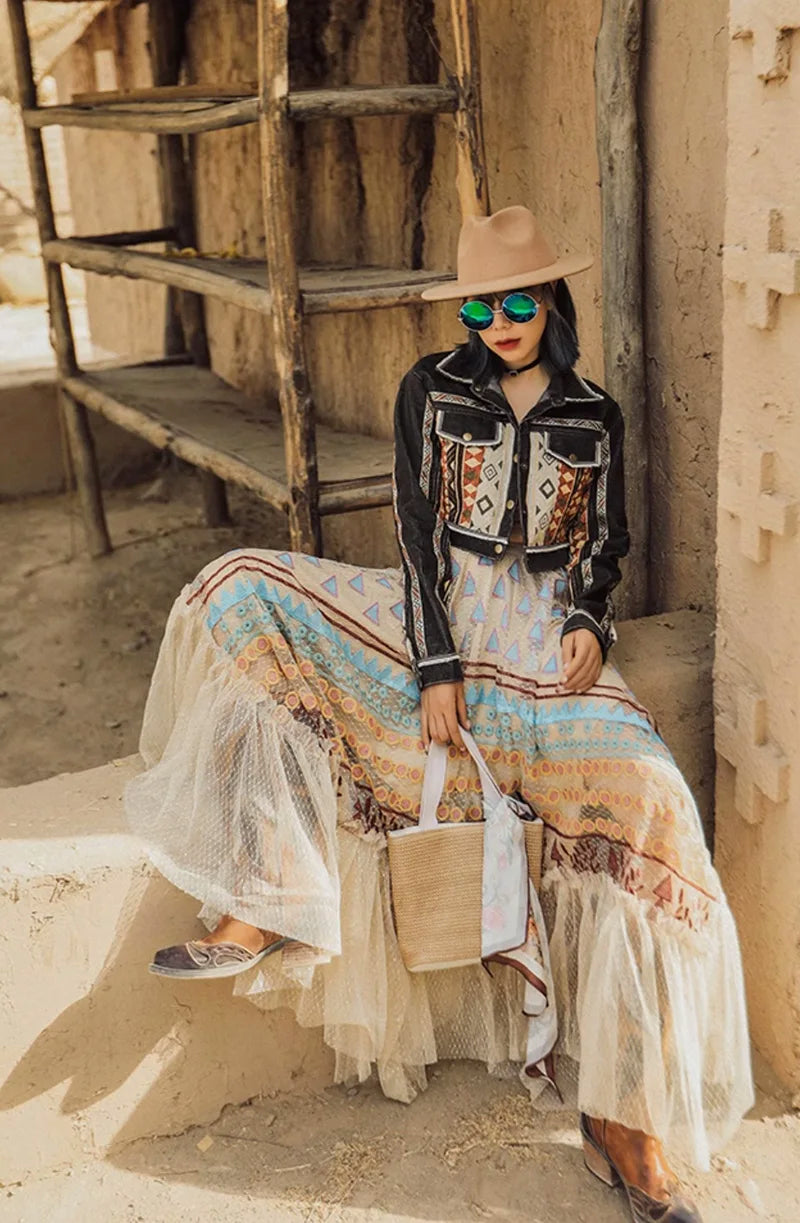 Women‘s Travel Holiday Wear Bohemian Colorful Embroidery Lace Ruffles Skirt Asymmetrical Hem Skirt Female Shiny Gold Mesh Skirts