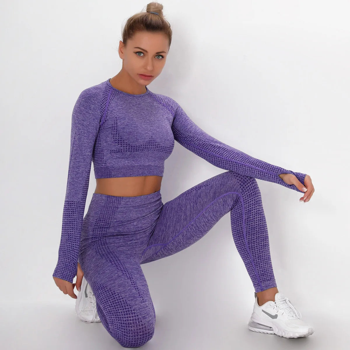 Women Seamless Gym Set Long Sleeve Top High Waist Belly Control Sport Leggings Gym Clothes Seamless Sport Suit Sexy Booty Girls Viralgem Store