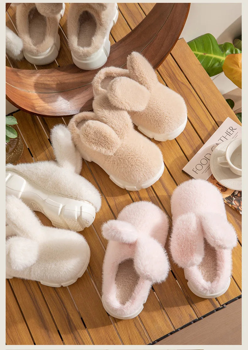 8 cm High platform fur slippers women's winter fluffy ear home shoes woman white bunny rabbit slippers woman house clog shoes