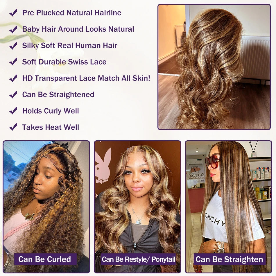 Wigirl 250% 30 32 Inch Highlight Ombre Body Wave Human Hair 13x4 Lace Front Wig 4/27 Colored 13x6 Lace Front  Wig For Women Viralgem Store