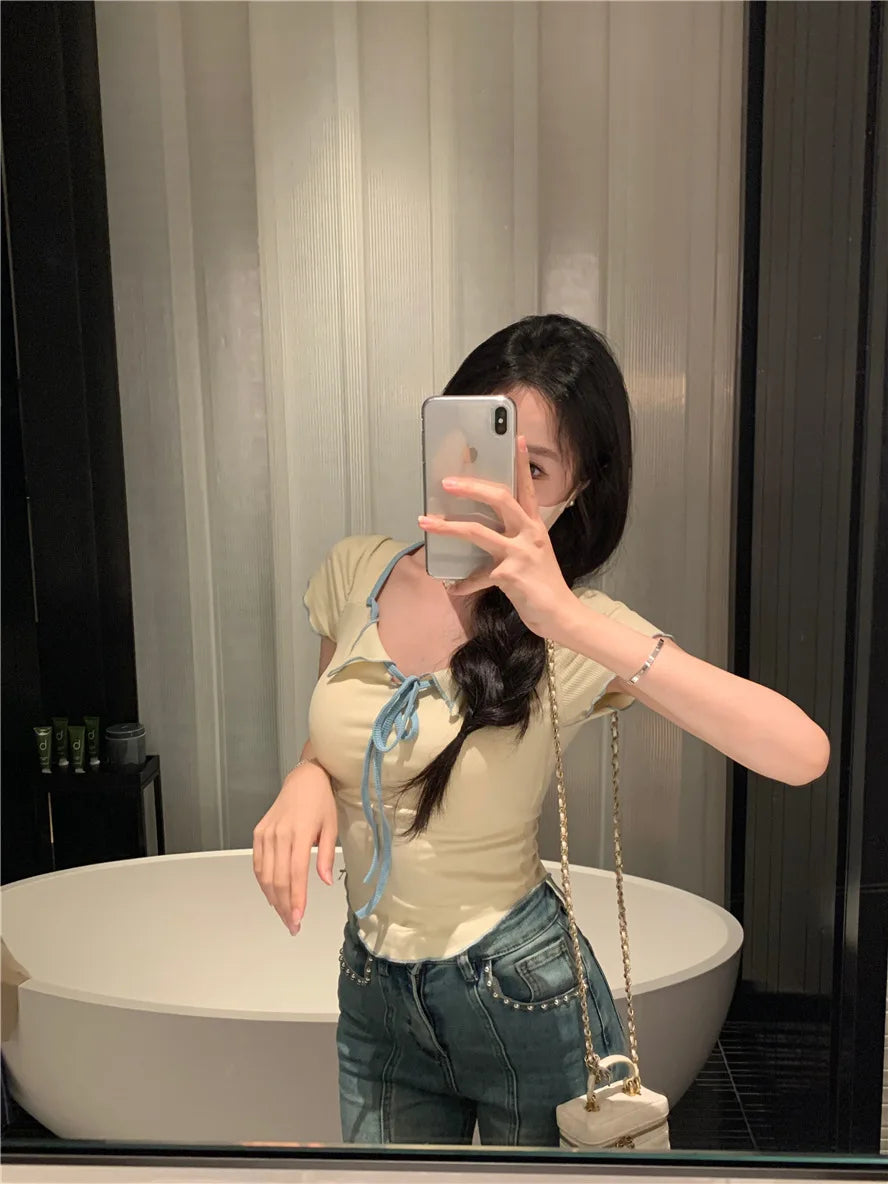 Sweet Spicy Girl Style Tie Straps V-neck Women's Knitted T-shirt Show Slim Figure Short Sleeved Tops Youth Elegant