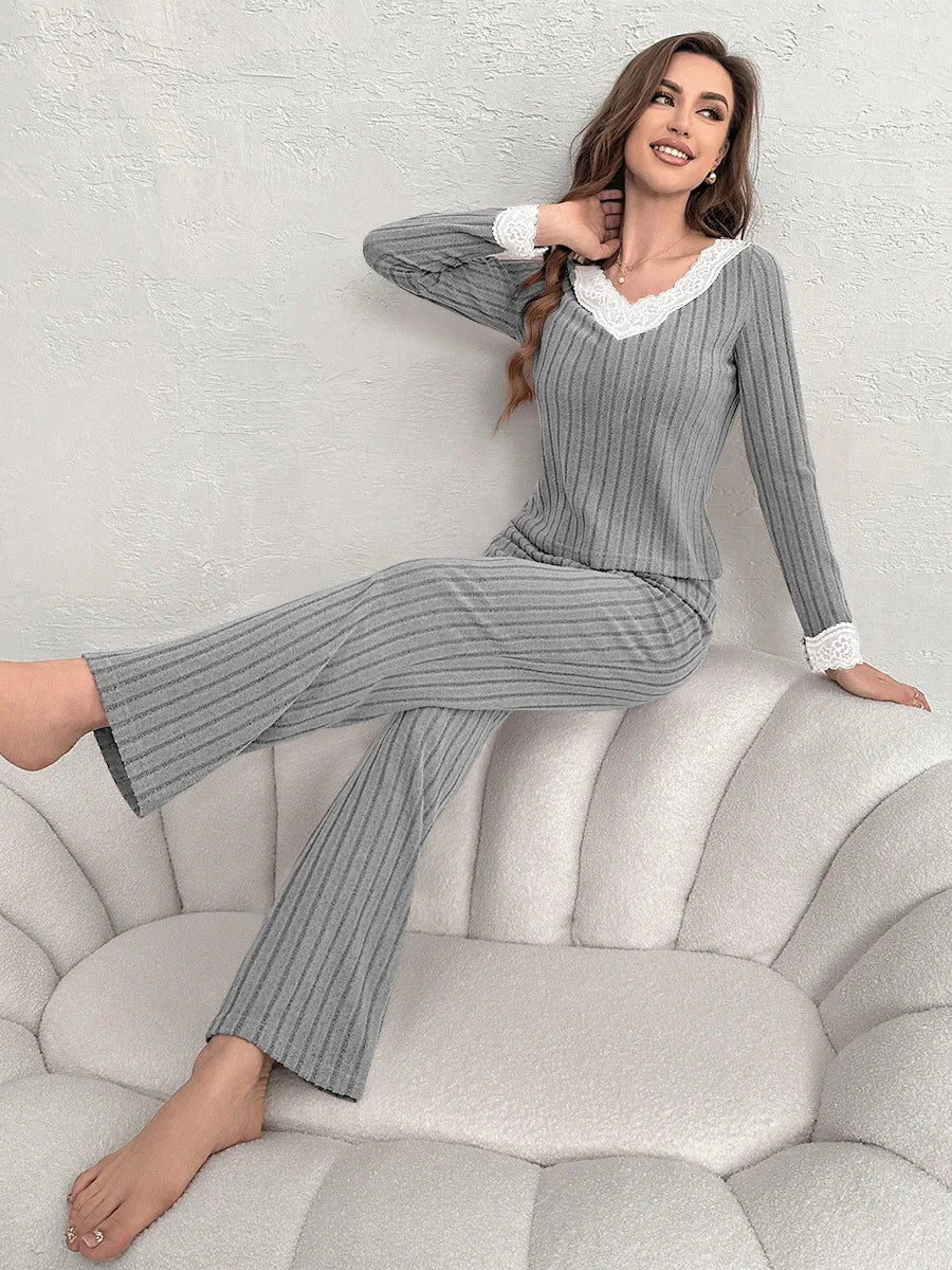 Women's Pajama Set Solid Pit Strip Sleepwear Lace V-neck Long Sleeves Tops Trousers Suit Elegant Casual Home Loungewear Nighties