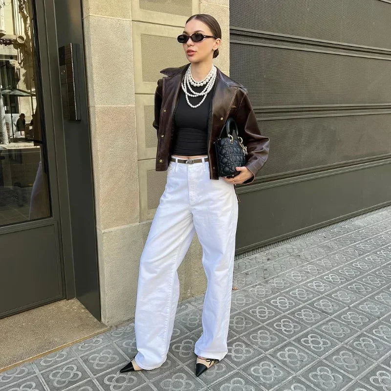 Vintage Cropped Distressed Leather Jacket For Women Chic Lapel Single Breasted Lace Up Coat Autumn Lady New Chic Streetwear 2024