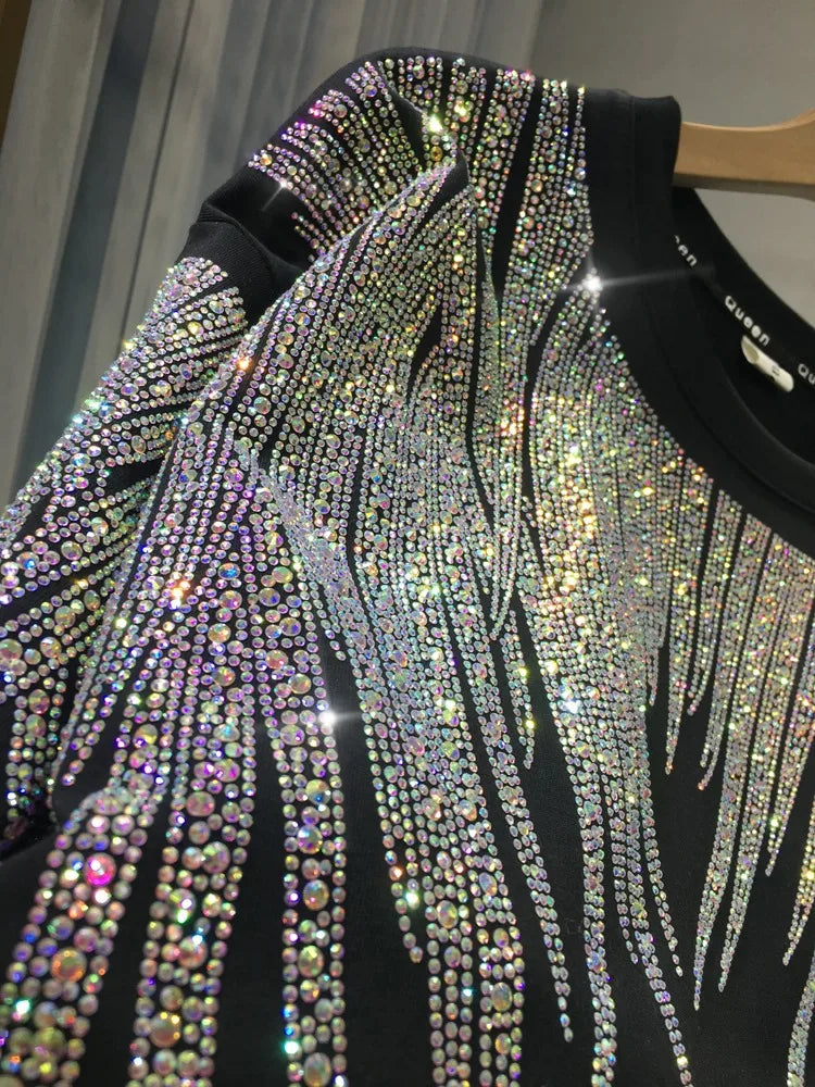 Women Tops Sequin Print Tees Round Neck Half Sleeve Loose Casual Regular Splice T Shirts Simple Hot Drilling Mid Length Top