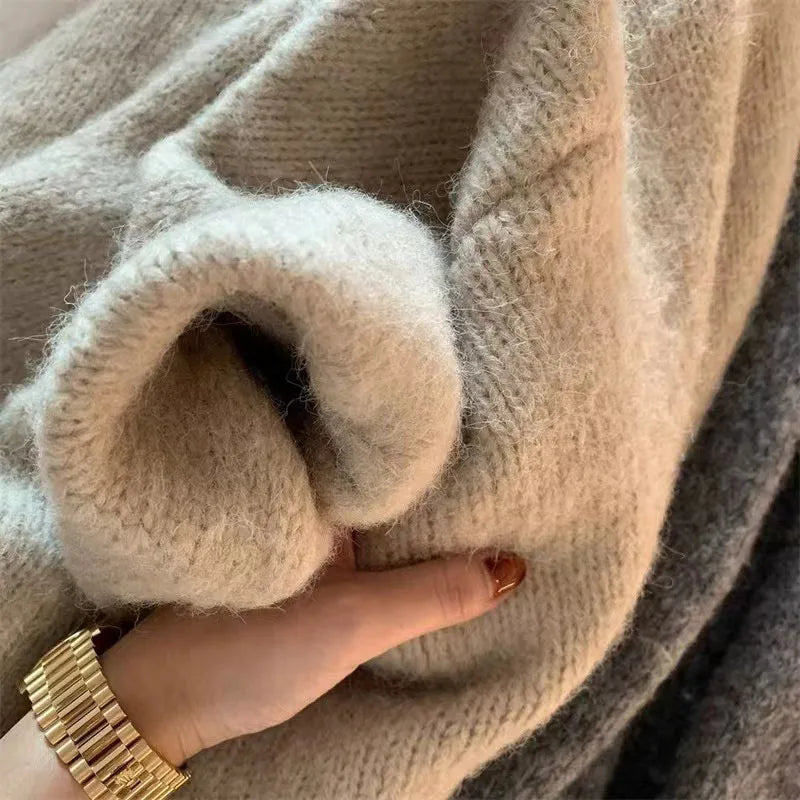 Zoki Autumn Winter Thicken Warm Women Cardigan Sweater Korean Lazy Wind Soft All Match Cardigans Tops Solid Loose Knitted Coats