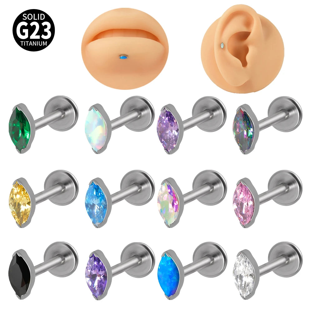 1PC ASTM F136 Titanium Marquise Labret CZ Zircon Ear Tragus Cartilage Flat Back Earring Piercing Internally Thread Body Jewelry