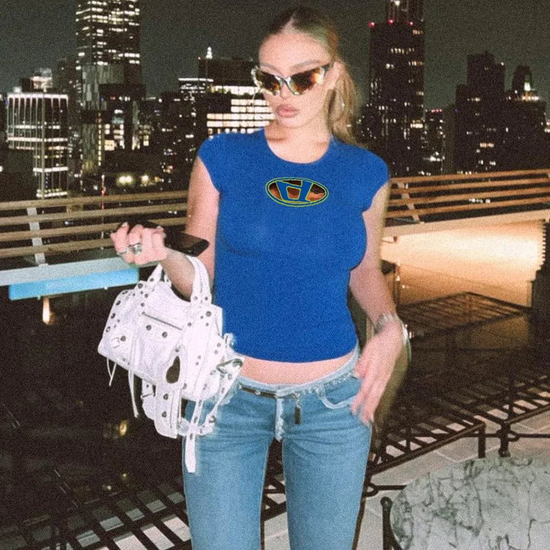 Y2k Top Shirts for Women Fashion Street Spice Girl Slim Show Chest D Embroidery Crop Short Open Umbilical Versatile Top