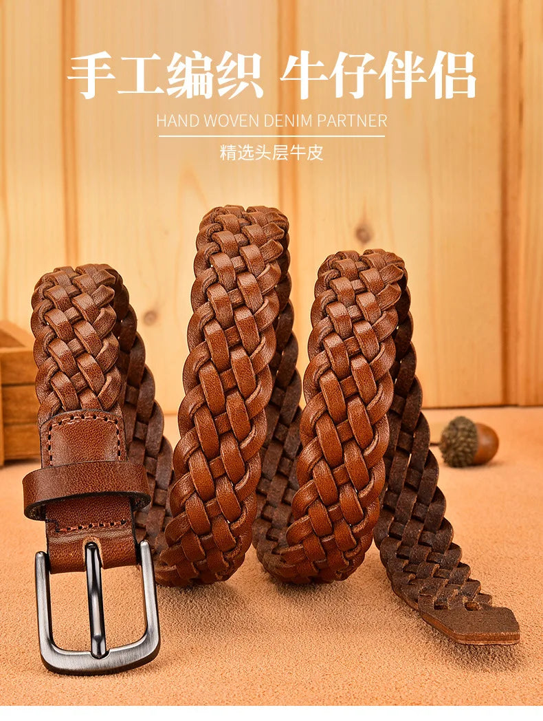 2023 Women Casual Luxury New Style Width 2.5cm  Woven Belt Needle Buckle Real Leather Head Layer Cowhide Handmade Decorative