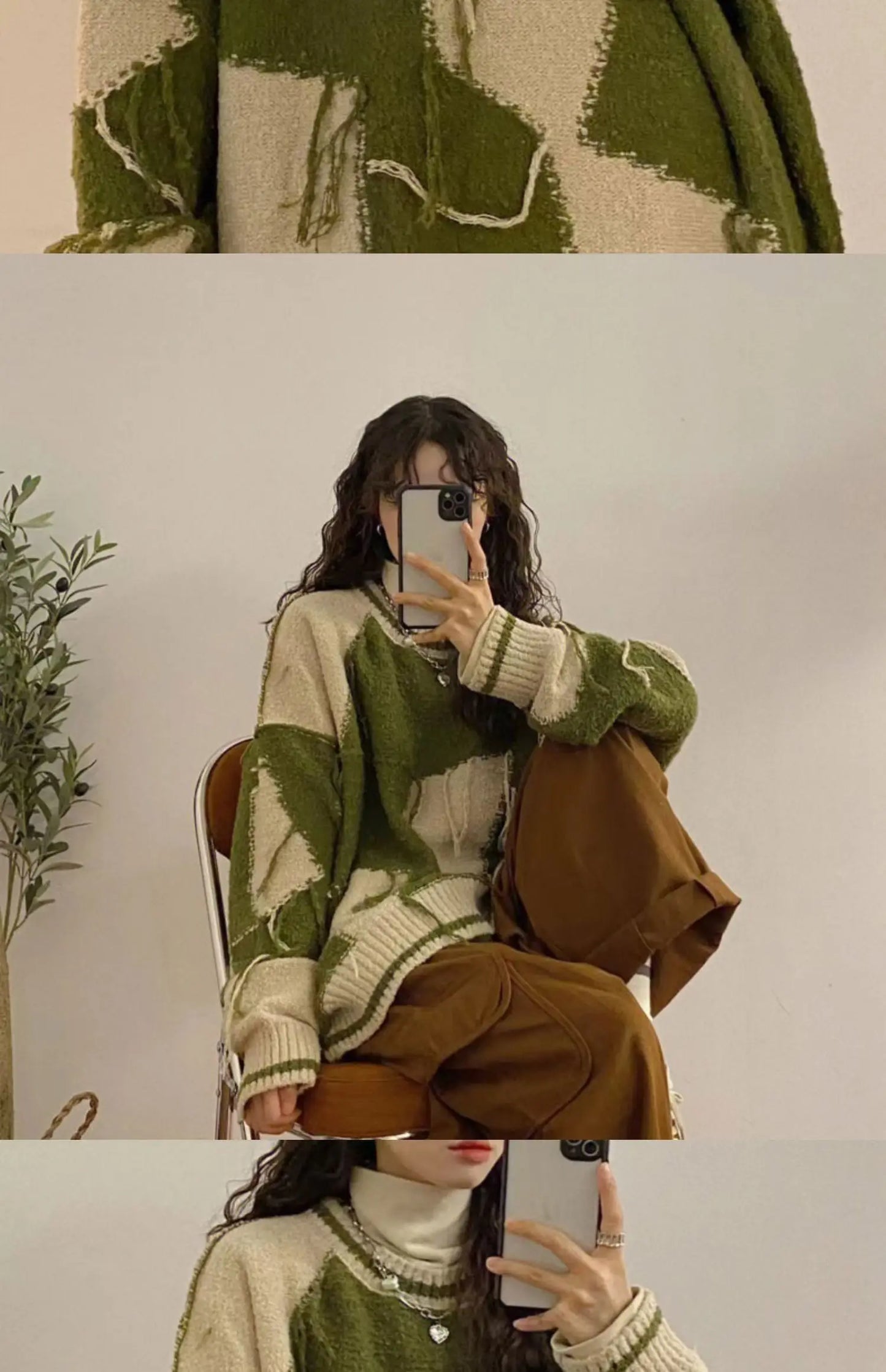 Women's Green Gothic Y2k Two-tone Knitted Sweater Harajuku Korean Y2k Long Sleeves Jumper Sweaters Vintage 2000s Clothes Autumn