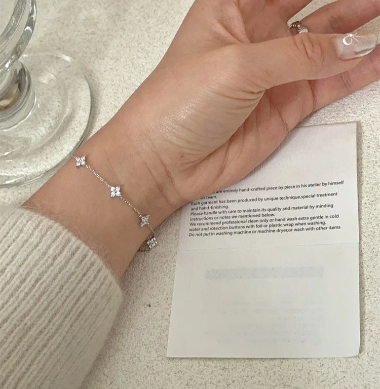 925 Silver Plated Cz Four-leaf Flower Bracelet for Women Girl Cute Dainty Adjustable Link Chain Bracelet Trend 18k Gold Jewelry