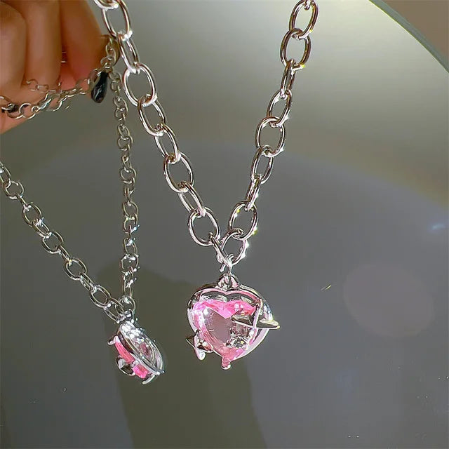 Y2K Pink Planet Heart Zircon Pendant Necklaces Women Fashion Aesthetic Clavicle Chain Necklace Valentines Day Gift Party Jewelry Viralgem Store