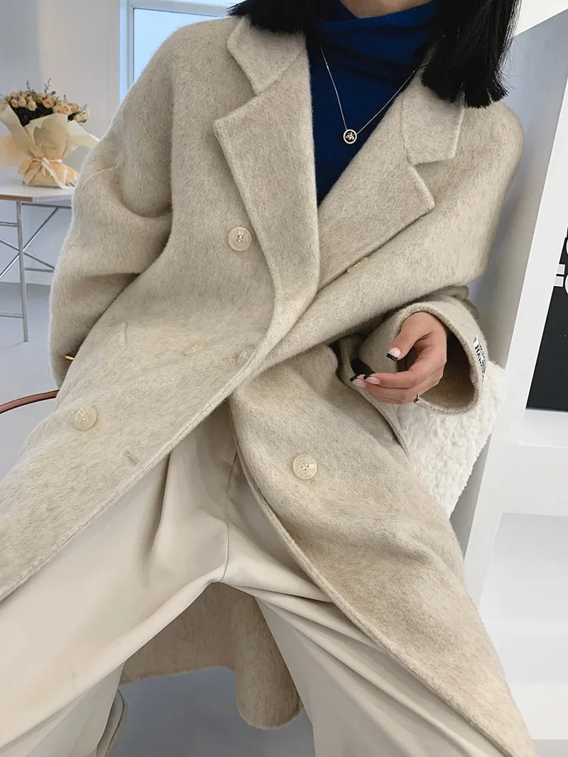 2024 Autumn Winter Wool Coat Women Double-breasted Solid Color Women's Double-sided Woolen Belt Coats Loose Warm Wool Jacket