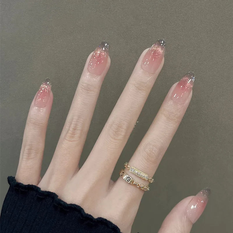 24Pcs Metallic Cat Eye French Sheer Manicure Tip Art Textured 3D Acrylic False Nails Nude Pink Almond Medium Press on Fake Nails