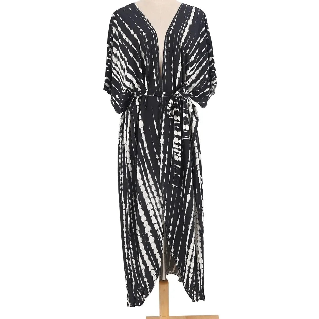 Women's Beach Cover Ups Open Front Tie Dye Maxi Cardigan Kimono Swimsuit with Belts Bathing Suit
