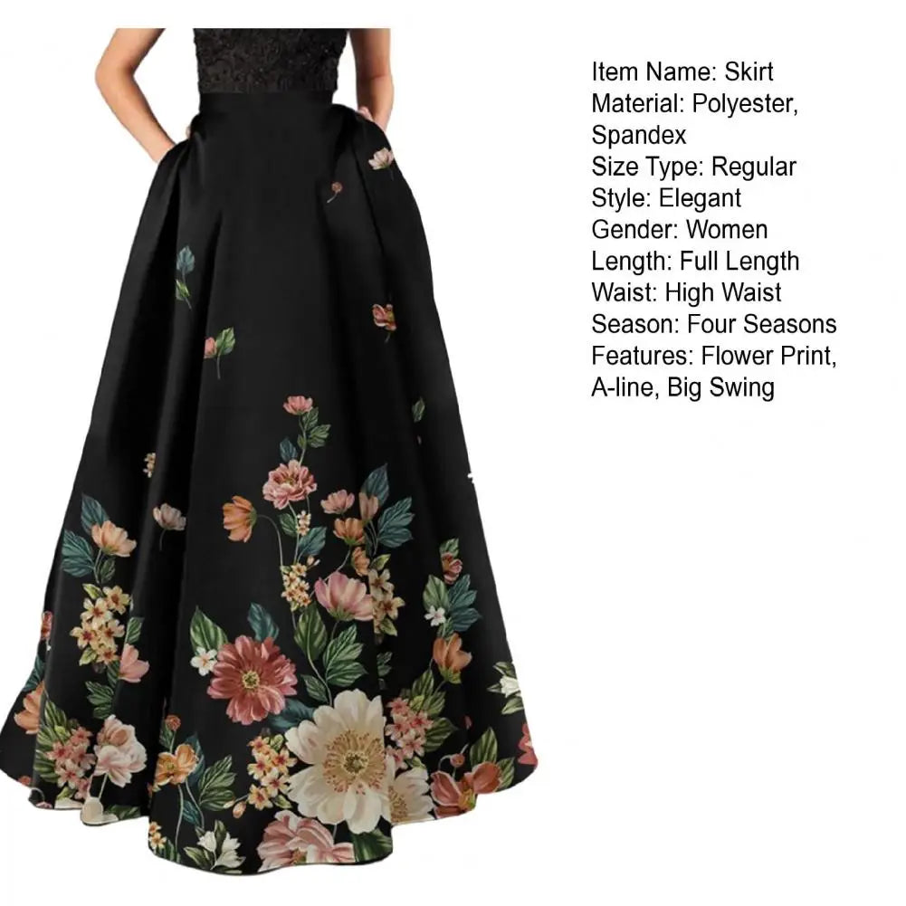 Women High-waisted Long Skirt Flower Printed Skirt for Women Elegant A-line Big Swing Zipper Bohemian Party Prom Maxi Skirt