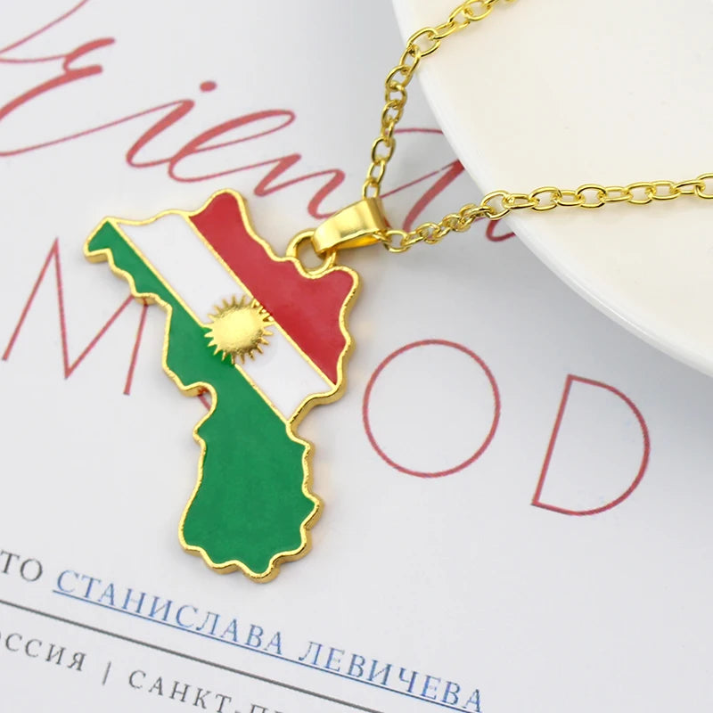 Stainless Steel Gold Silver Color Kurdistan Map Pendant Necklaces Kurdish Flag Map Jewelry