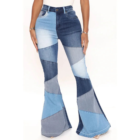Women Flare Jeans Casual Pants Pannelled Collision Fashional High Waist Fit Female High Quality 91Y35