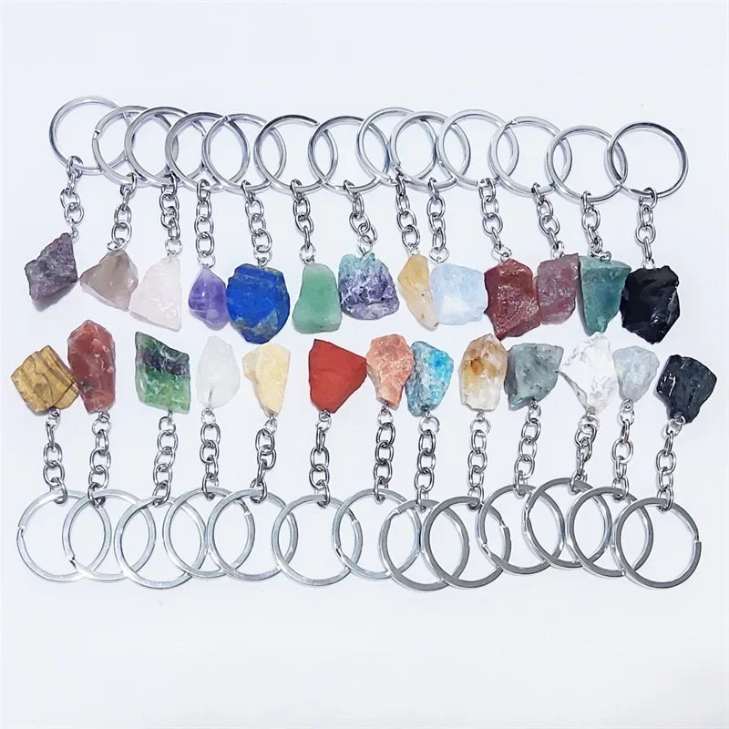 20pcs Natural Rough Raw Stone Crystal Quartzs Keychain Women Men Handbag Hangle Car Key Holder Raw Mineral Stone KeyRing Jewelry Viralgem Store