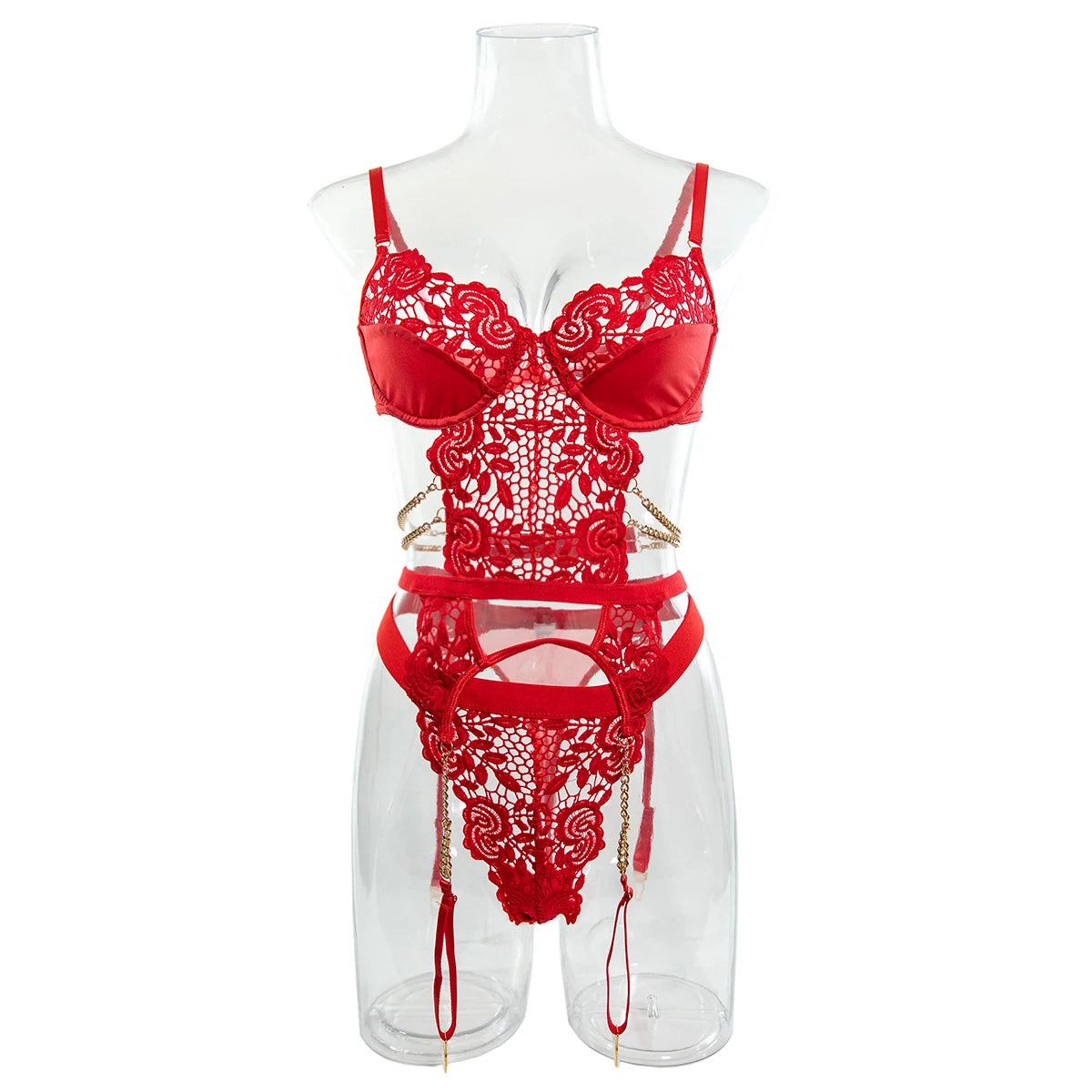 Yimunancy 2-Piece Flroal Lace Erotic Set Women Cut Out  Fashion Chain Decorated Lingerie Set Sexy Brief Kit Viralgem Store