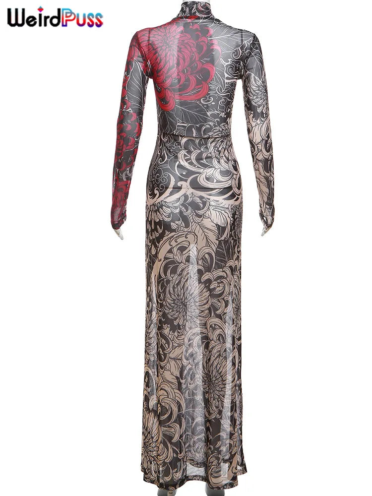 Weird Puss Thin Sheer Women Dress Mesh Contast Color Print High Waist Slim Fit Fashion Bodycon Nightout Clubwear Party Long Robe