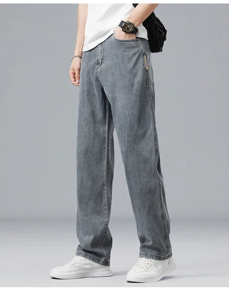 2025 New Summer Ultra-thin Lyocell Men's Jeans Drape Soft Fabric Loose Straight Casual Denim Pant Elastic Ice Silk Male Trousers