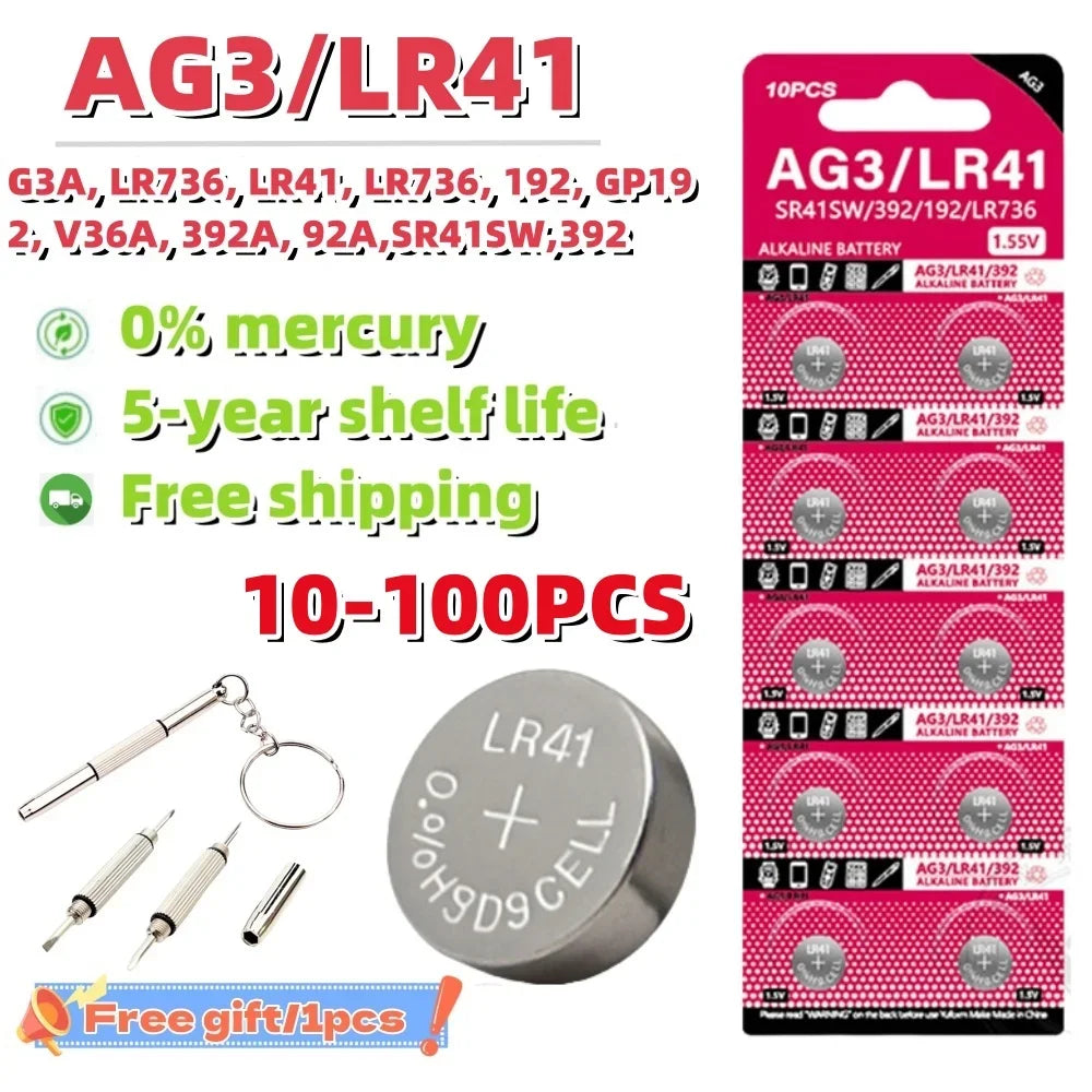 10-100Pcs High Capacity LR41 Alkaline Batteries AG3 L736 392 384 192 Premium 1.5V Button Coin Cell Batteries for Medical devices Viralgem Store