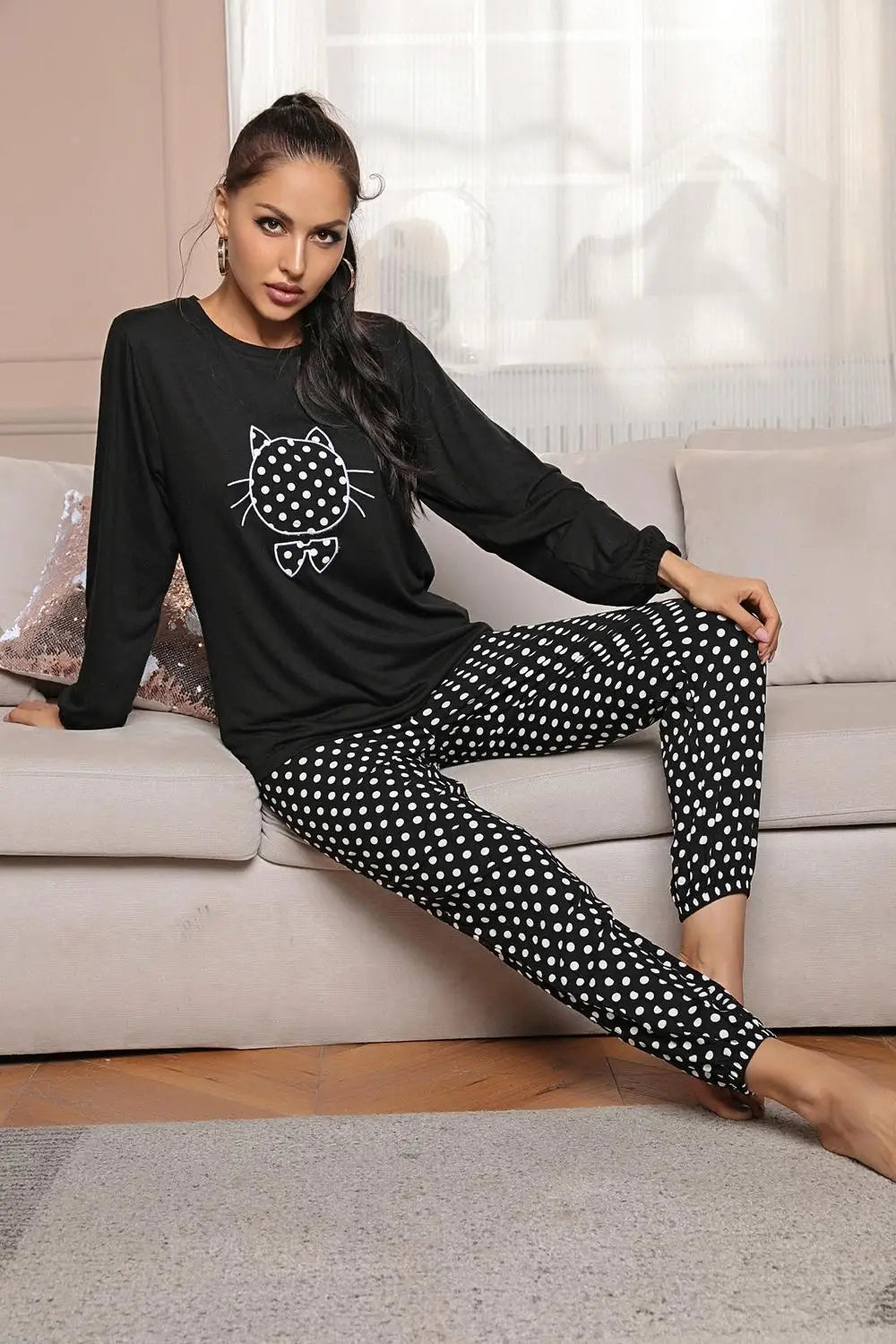 Women's Pajama Set Cute Cat Print Long Sleeves Top and Pants Sleepwear Dot Trousers 2 Pices Winter Female Like Homewear Suit Viralgem Store