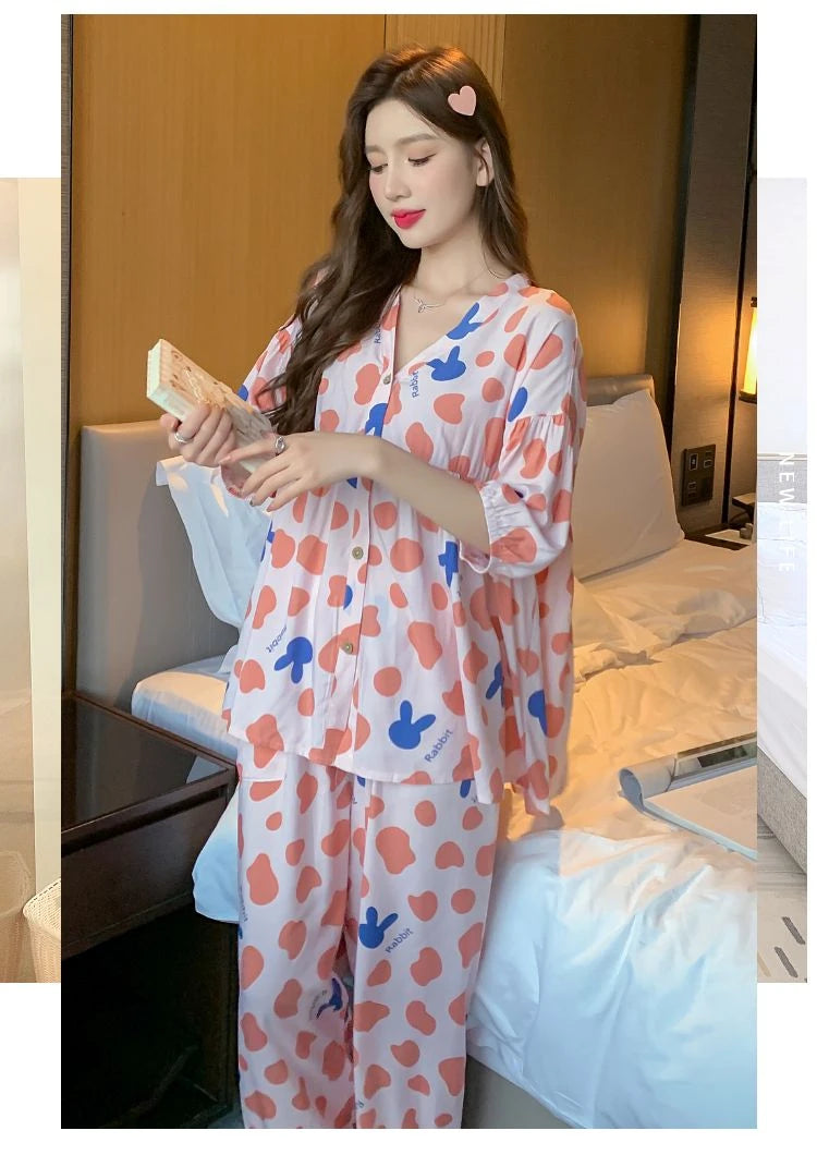 2023 New Cotton Silk Summer Pajamas Suit Plus Size Loose Ladies Home Clothes Two-piece Casual Style Thin