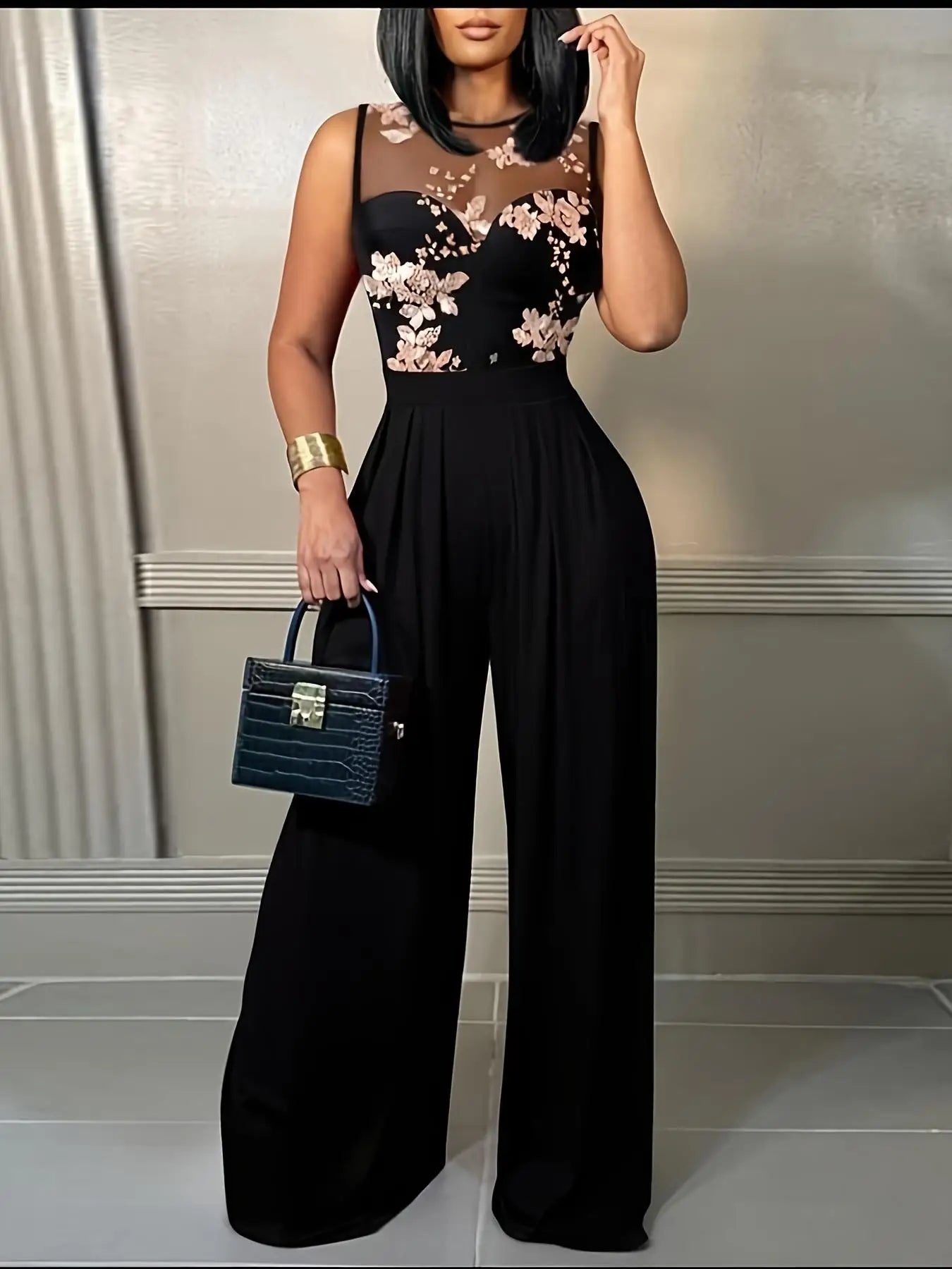 Women's Black Jumpsuit with Sheer Floral Embroidered Top Wide Leg Design Ideal for Evening Galas Cocktail Parties Formal Events Viralgem Store