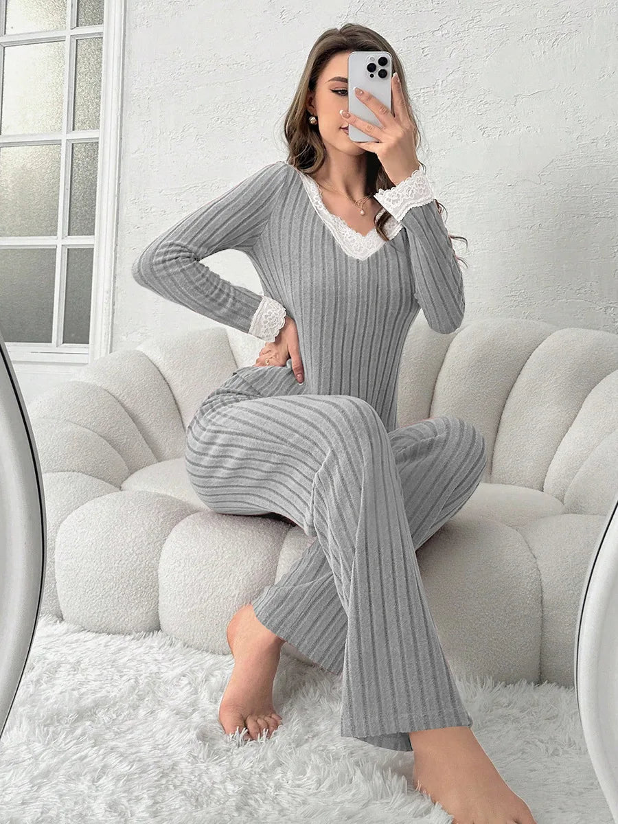 Women's Pajama Set Solid Pit Strip Sleepwear Lace V-neck Long Sleeves Tops Trousers Suit Elegant Casual Home Loungewear Nighties