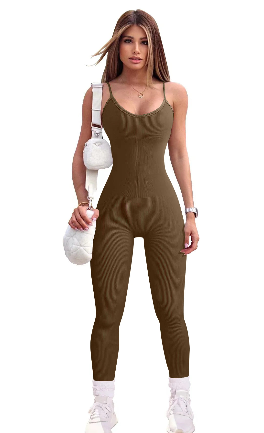 2024 New Fashion Solid Color Slim-fit Sexy Hip Lifting Bodysuit Sports Yoga Seamless Women's Jumpsuit Set