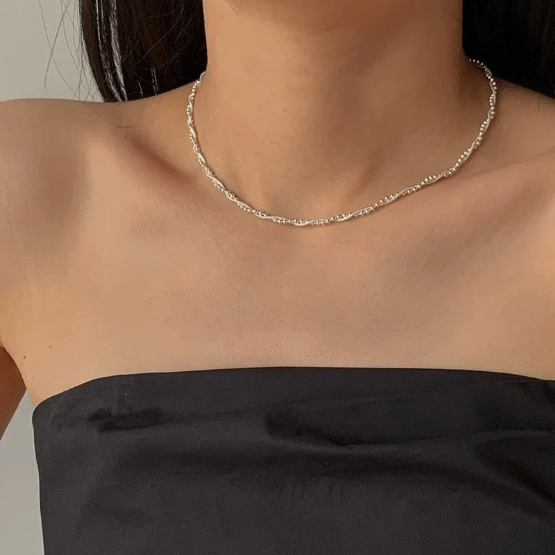 925 Sterling Silver Double Layer Snake Bone Chain Necklace for Women's Sweet Temperament Round Bear Neckchain Fashion Jewelry