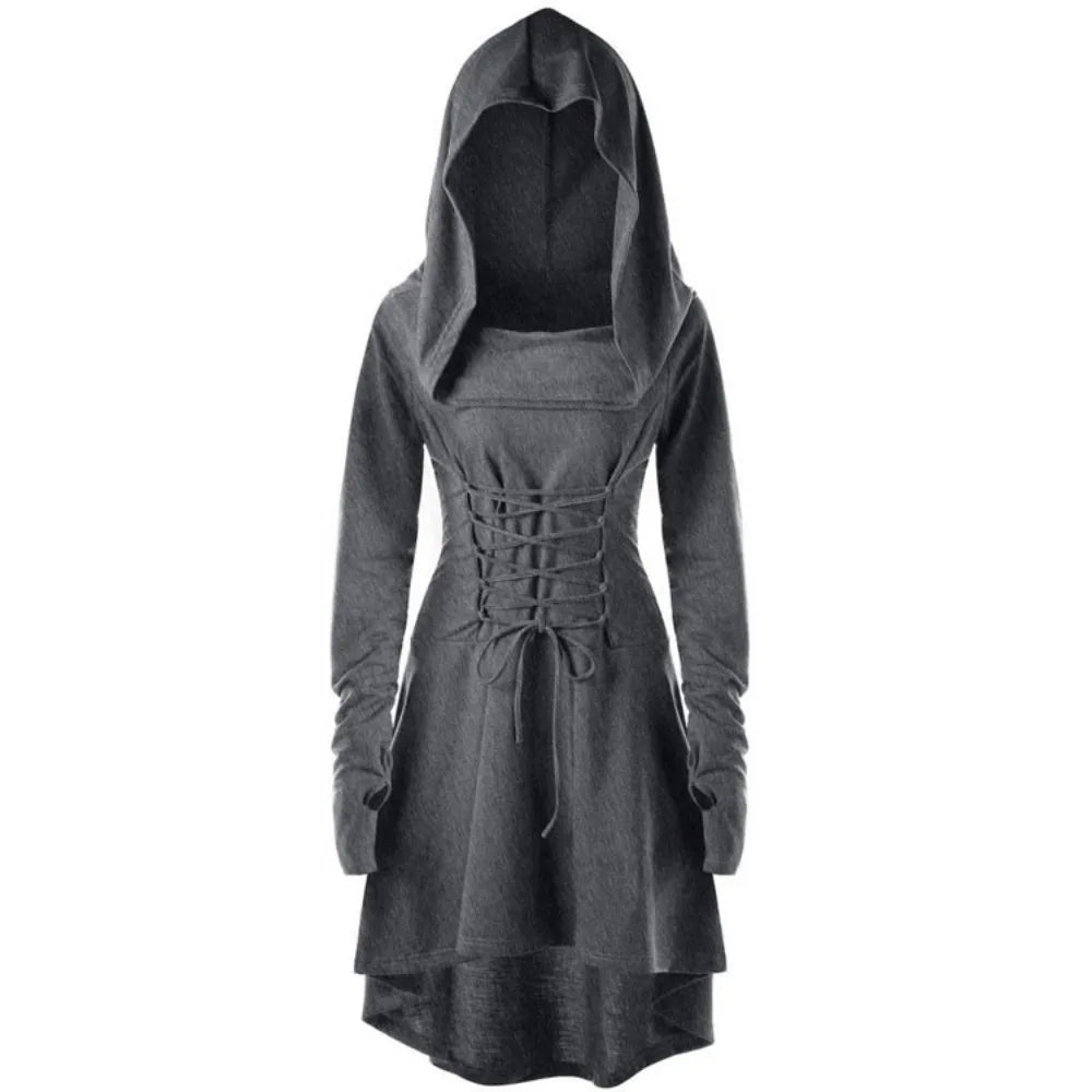 Vintage Womens Cosplay Medieval Renaissance Archer Costumes Hooded Robe Lace Up Pullover Long Hoodie Dress Cloak Halloween Party Viralgem Store