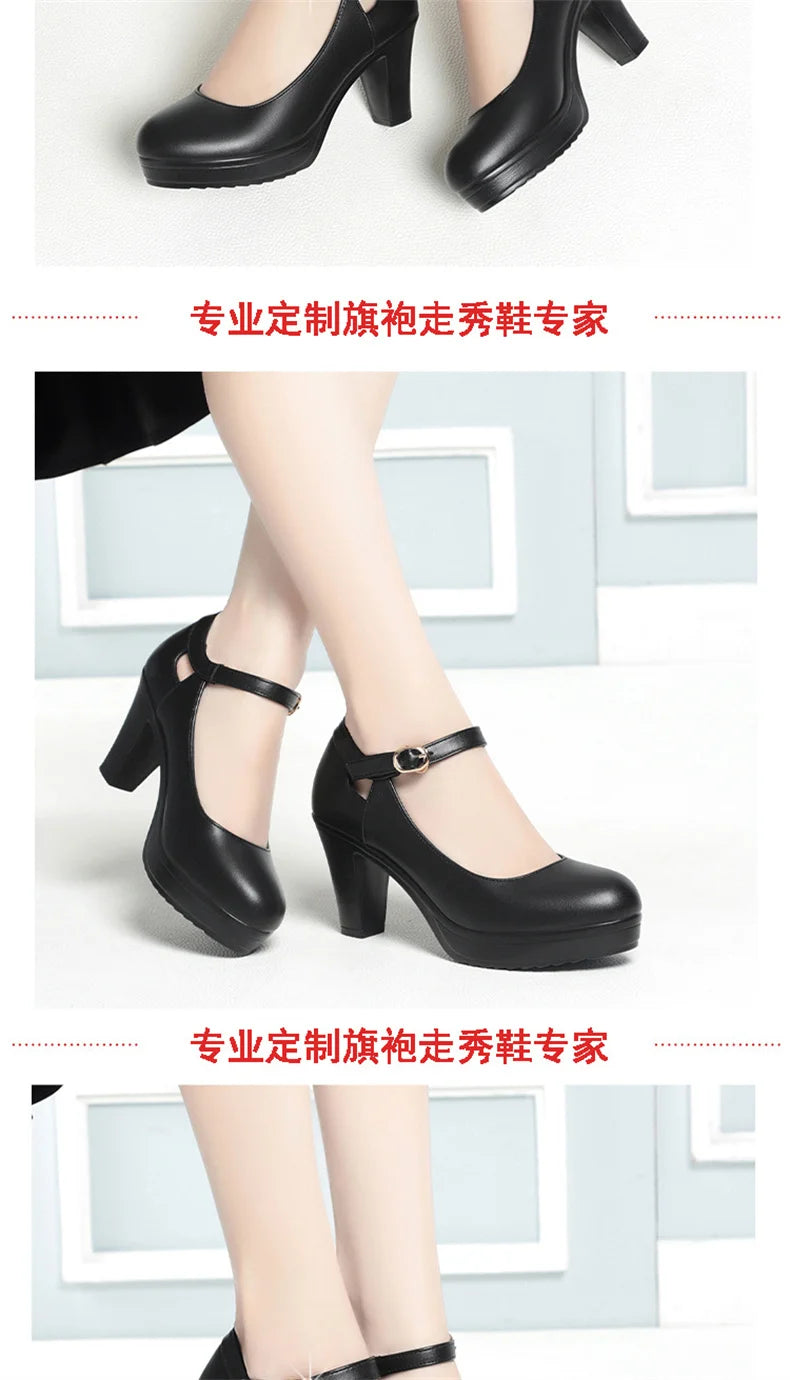 Spring Soft Leather Shoes Women Round Toe Platform Pumps Thick Heel Fashion Temperament Elegant Black Work Single Shoes Viralgem Store