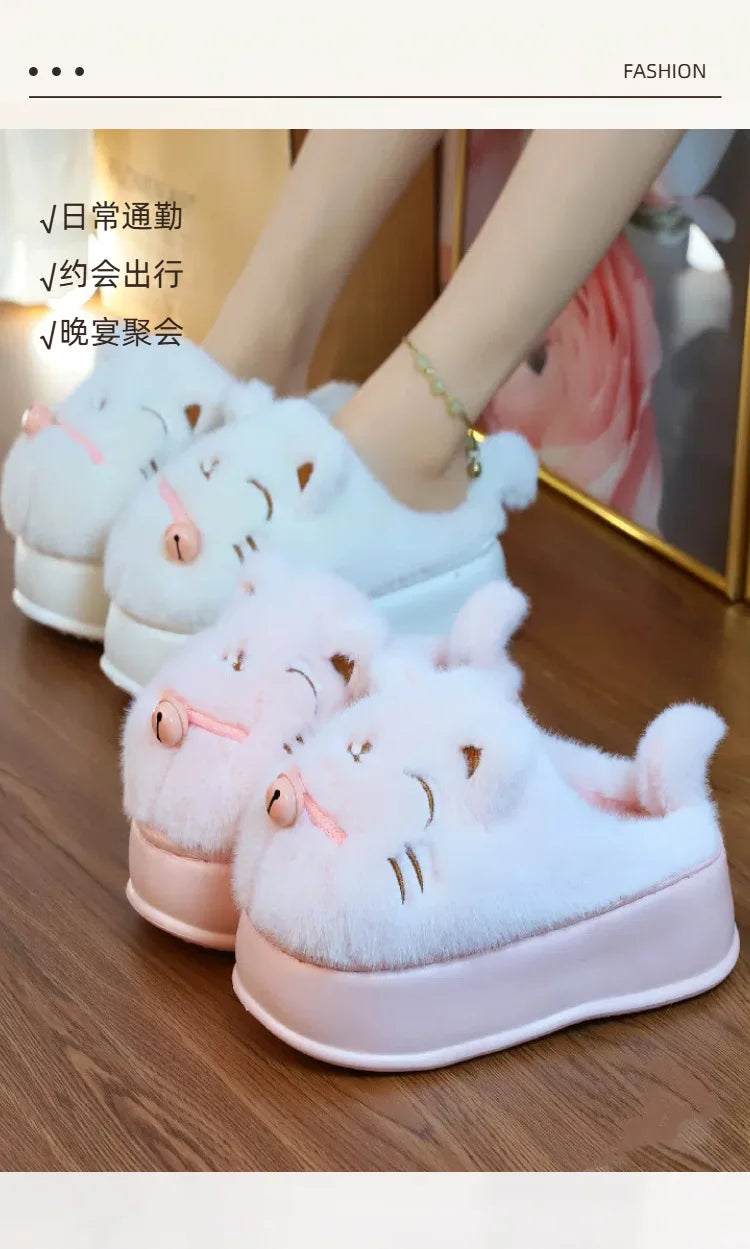 8 cm High platform fur slippers women's winter fluffy ear home shoes woman white bunny rabbit slippers woman house clog shoes