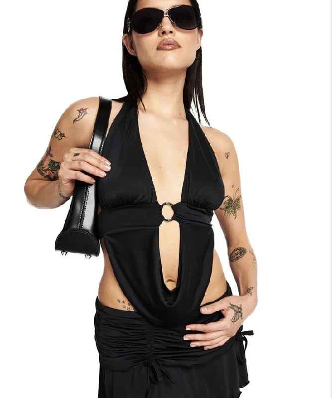 Y2k Bandage Crop Top Black Backless Top V-neck Cute Party Beach Summer Sweats Women Retro Basic Mini Vest Punk Crop Top 2024 Top