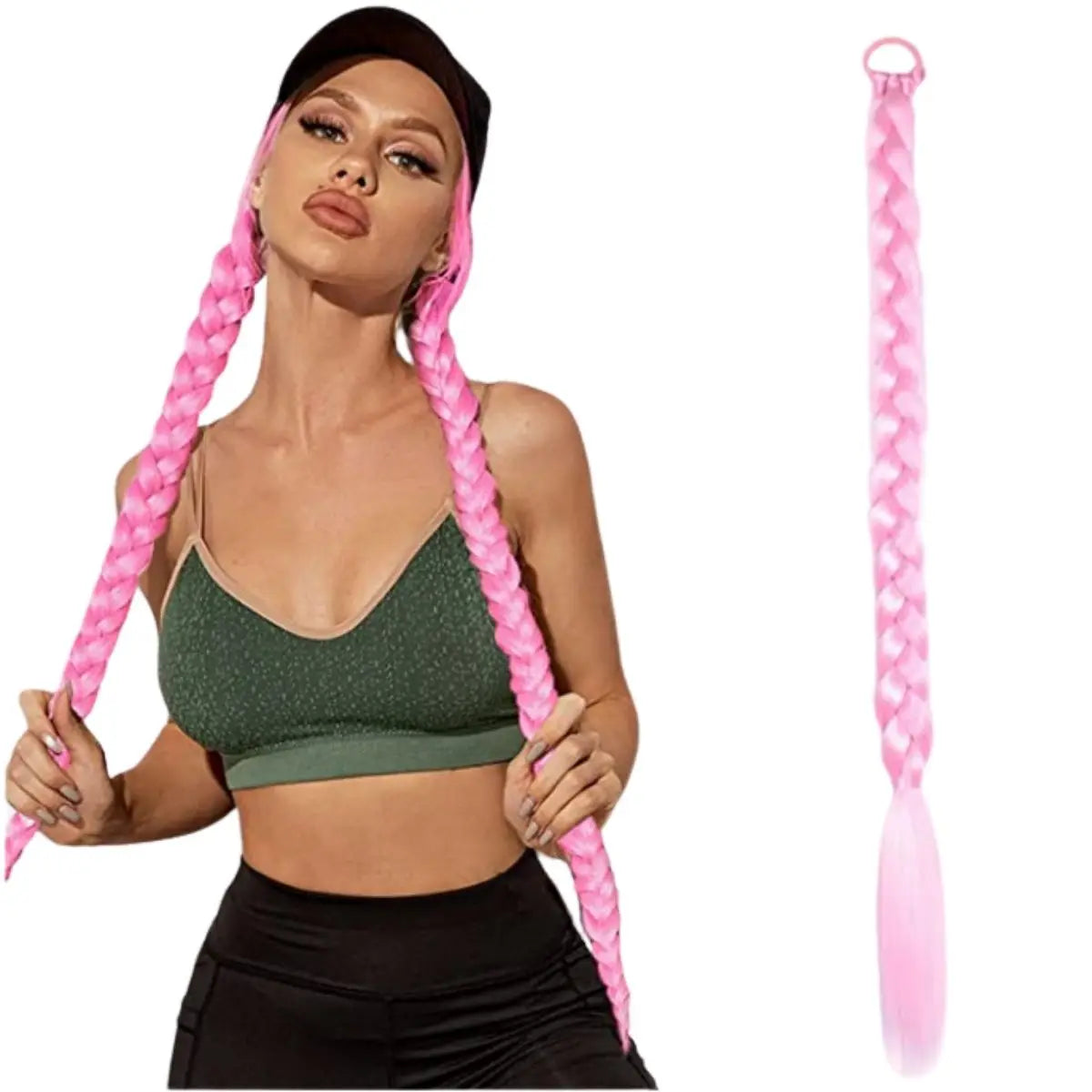 24 Inch Long Black Synthetic Braided Ponytail Hair Extension with Rubber Band for Women Hair Accessories Boxing Braids