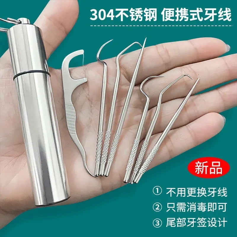 1Set Toothpick Set Metal Stainless Steel Oral Cleaning Tooth Flossing Portable Toothpick Floss Teeth Cleaner with Storage Tube