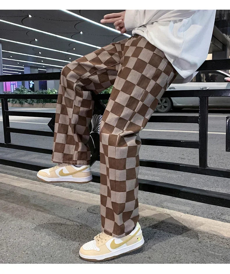 2024 Spring New Men's Brown Check Print Baggy Jeans Korean Fashion Streetwear Denim Straight Pants Male Brand Trousers