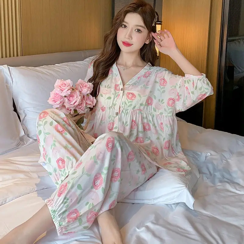 2023 New Cotton Silk Summer Pajamas Suit Plus Size Loose Ladies Home Clothes Two-piece Casual Style Thin