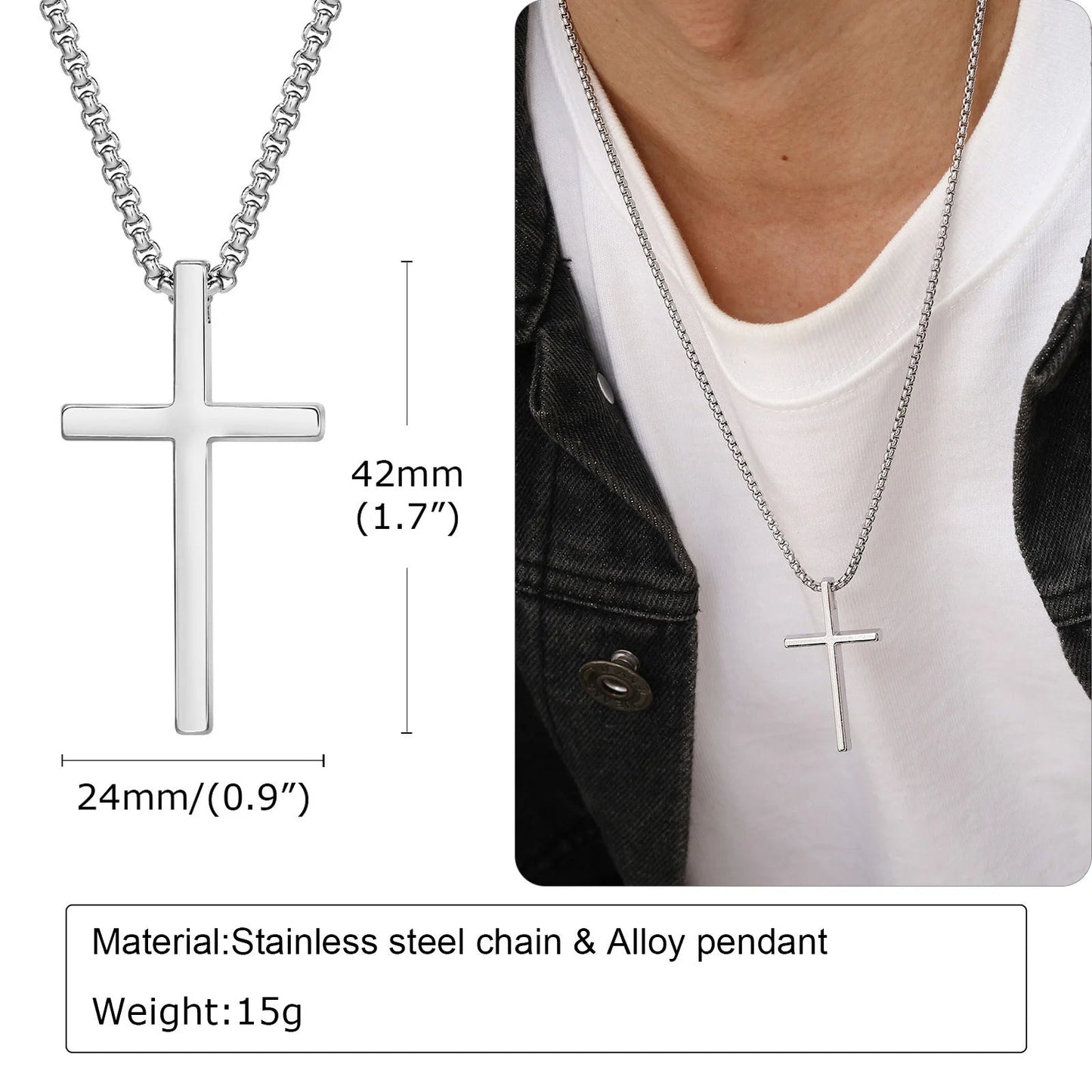 Vnox Cross Necklace for Men Women, Silver Color Plain Cross Pendant Collar with Stainless Steel Box Chain Viralgem Store