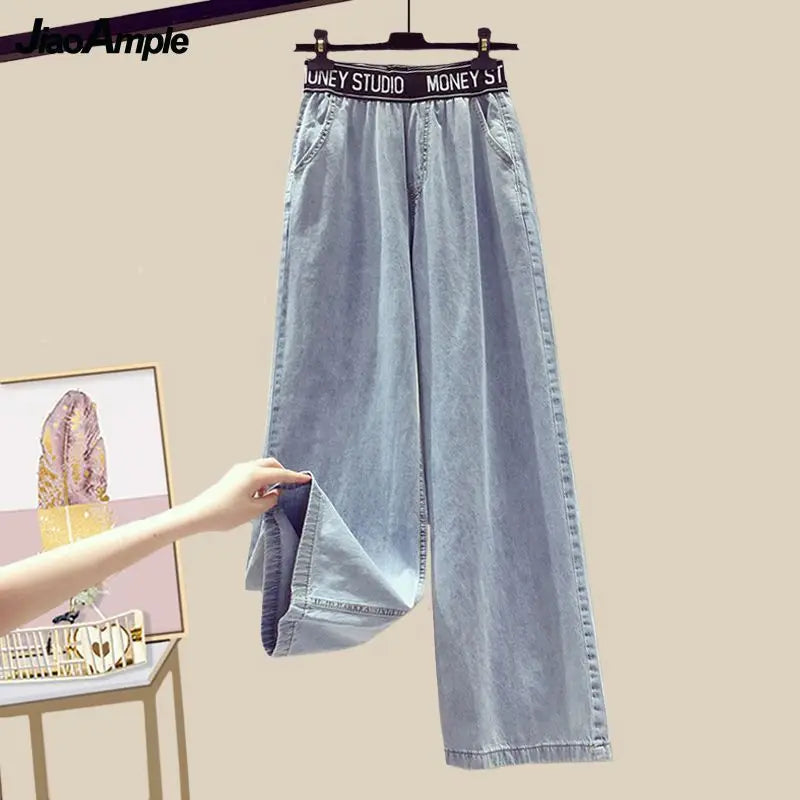 Women Summer New White Sunscreen Shirt Top+Striped Vest+Wide Leg Jeans 3 Piece Suit 2024 Korean Elegant Denim Pants Matching Set Viralgem Store