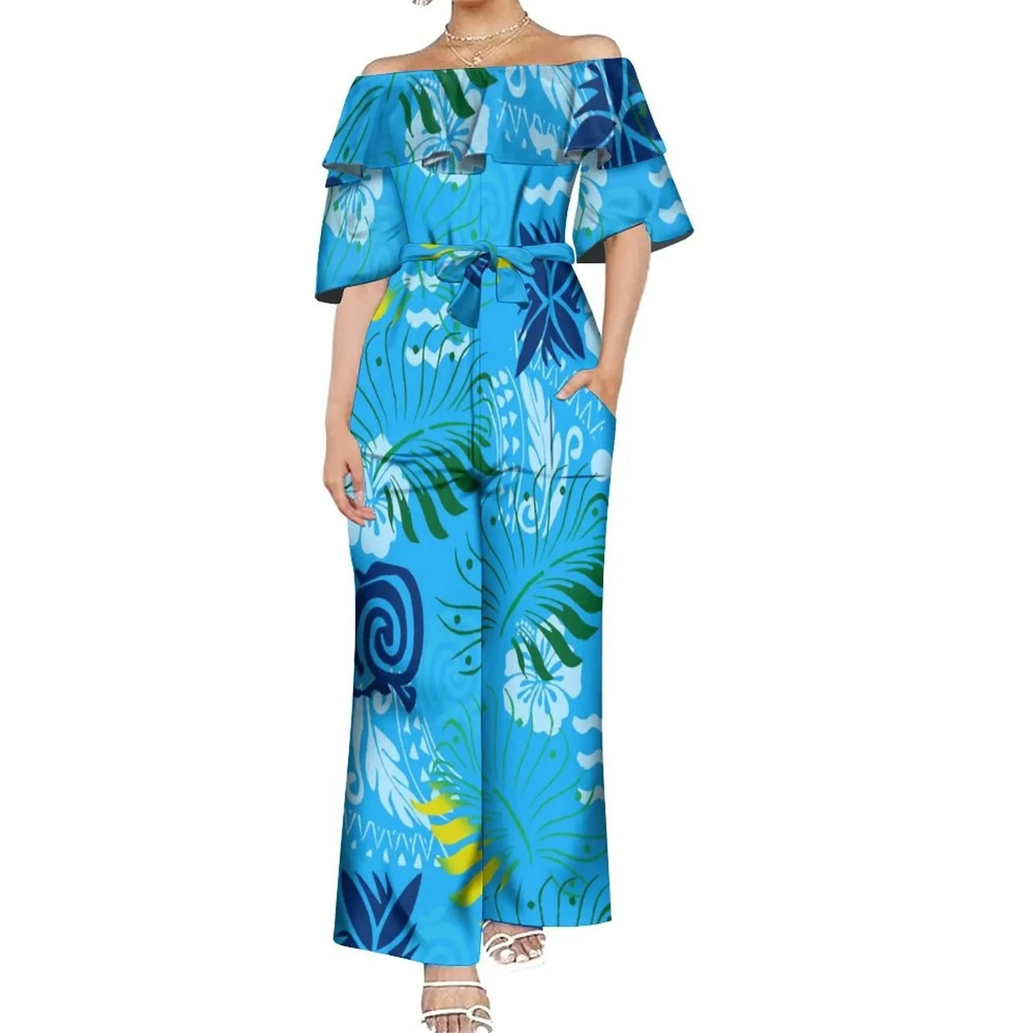 Drop Shipping Custom Polynesian Off Shoulder Frill Women One Piece Rompers Lace Up Oversized Jumpsuit With Belts Viralgem Store
