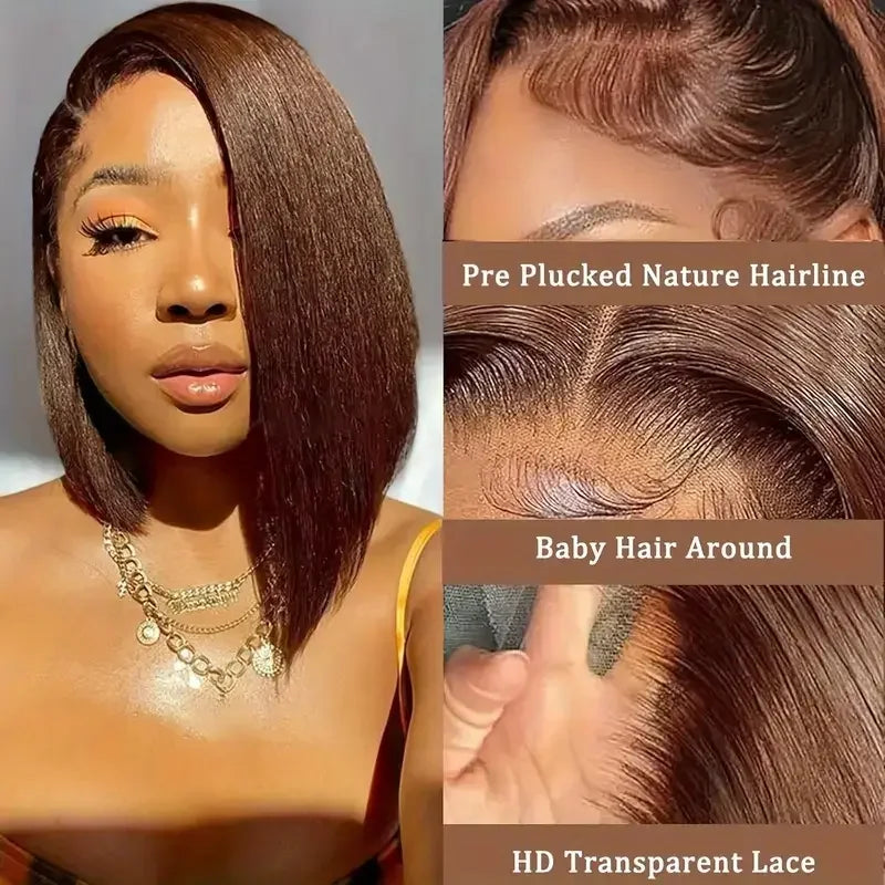 16Inch Chocolate Brown Straight Bob Wig 13X4 Lace Frontal Wig Natural Hairline Lace Front  Short Wig Human Hair 100% Pre Plucked Viralgem Store