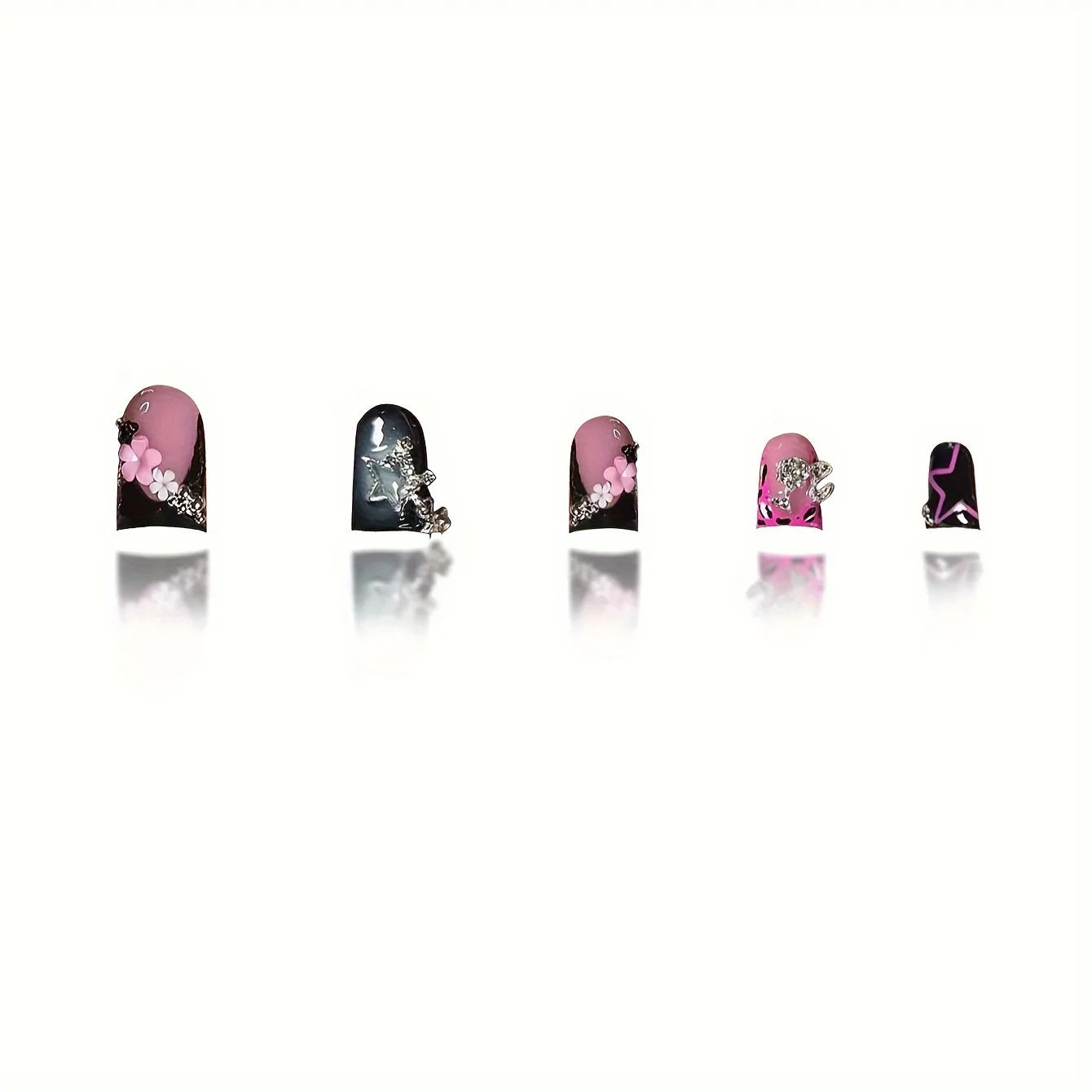 24pcs Short Duck Shaped False Nails Y2k Punk Style Rose Pink Black French Tips Press On Nail Diamond Star Flower Decor Fake Nail