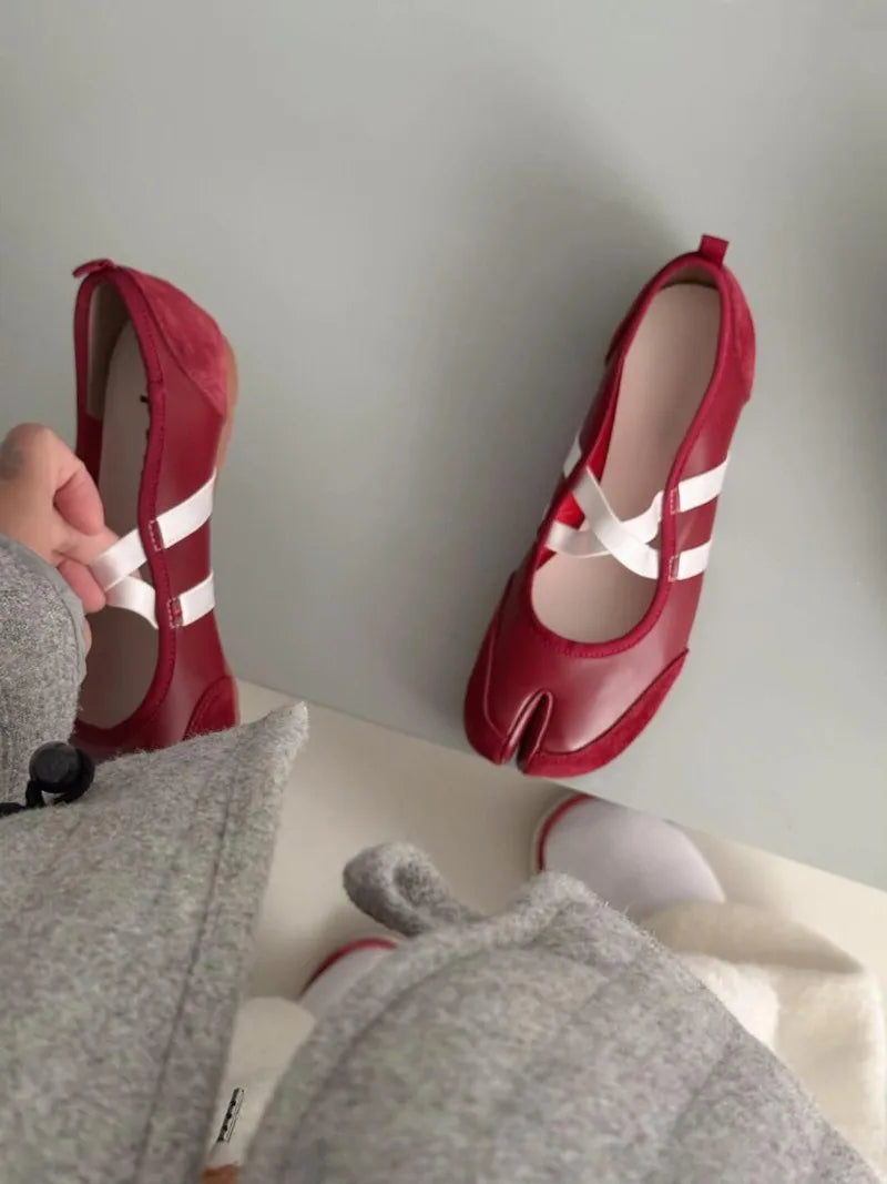 Split-Toe Casual Ballet Flats Shoes Women Pu Leather Cross Band Mary Janes Shoes Spring Autumn Streetwear Elegant Loafers New Viralgem Store