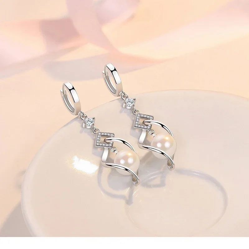 925 Sterling Silver Crystal Zirconia Natural Pearl Earrings, Women's Fashion Gorgeous Wedding Engagement Party Jewelry