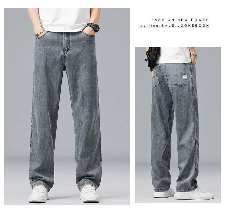 2025 New Summer Ultra-thin Lyocell Men's Jeans Drape Soft Fabric Loose Straight Casual Denim Pant Elastic Ice Silk Male Trousers